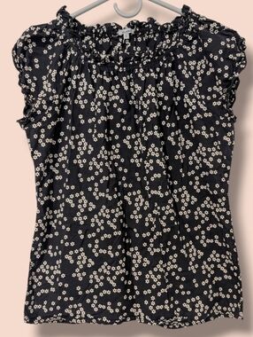Zudio Black White Daisy Ditsy Floral 100% Cotton Cap Sleeve Ruffle Trim Top SM